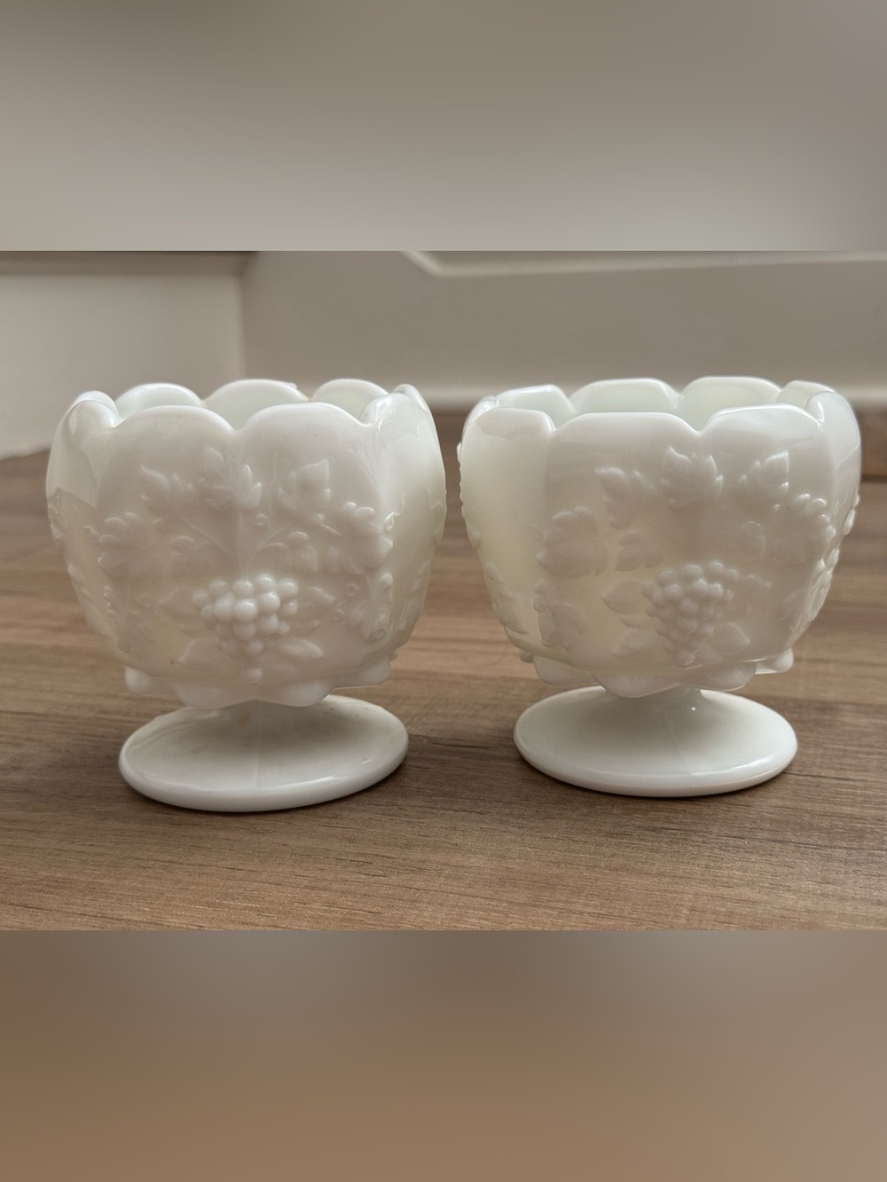 Vintage Indiana Glass Harvest Grape Milk Glass Pedestal Candle Holders Set of 2